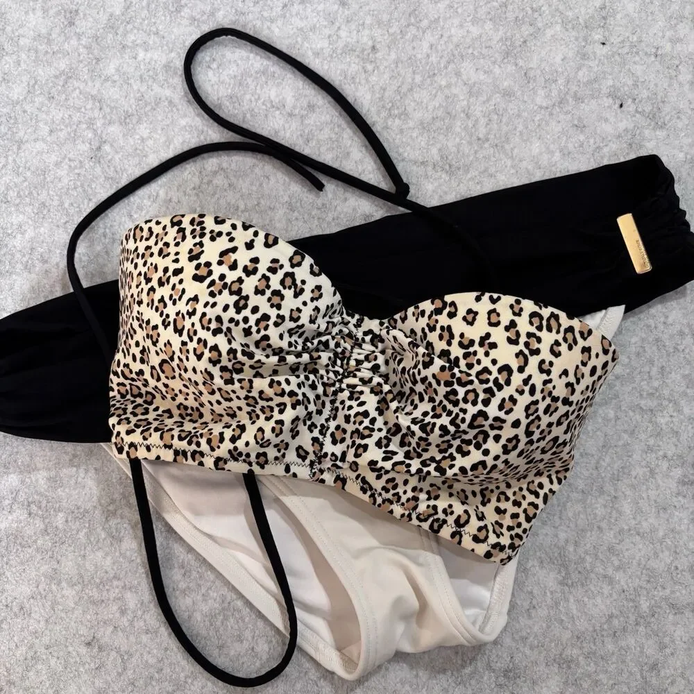 VICTORIA’S SECRET 2 Pc Bikini Leopard Print Top 32C + Gold Bar Bottom Size Small